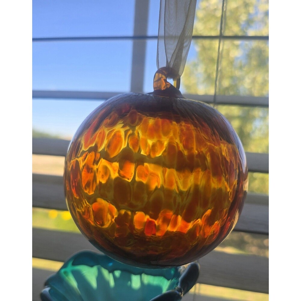 Hand Blown Orange Amber Gold Studio Art Glass Fall Autumn Ball Ornament 3.5”